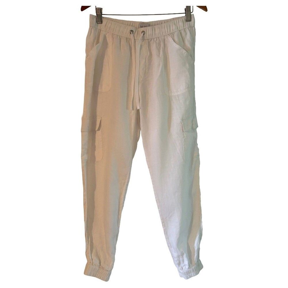 Nicole Miller Pants Womens Medium Khaki 100% Linen Cargo Joggers Elastic Waist